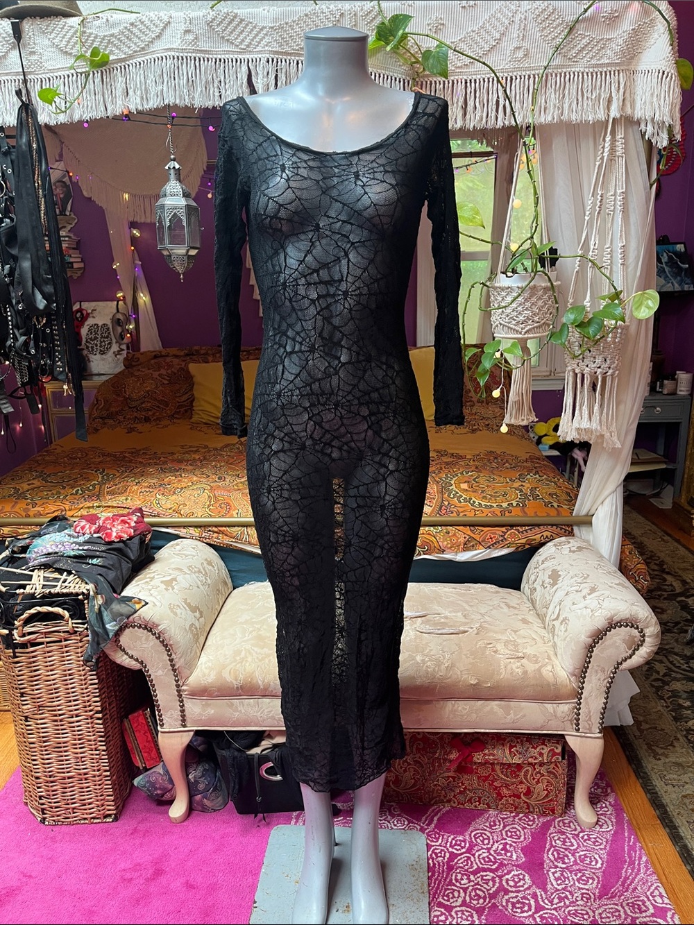 Vintage Y2K Goth sheer spiderweb long sleeve maxi dress